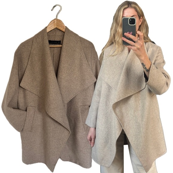 Zara Sweaters - Zara Ecru Beige Wool Blend Open Draped Oversized Layering Cardigan Blanket Coat